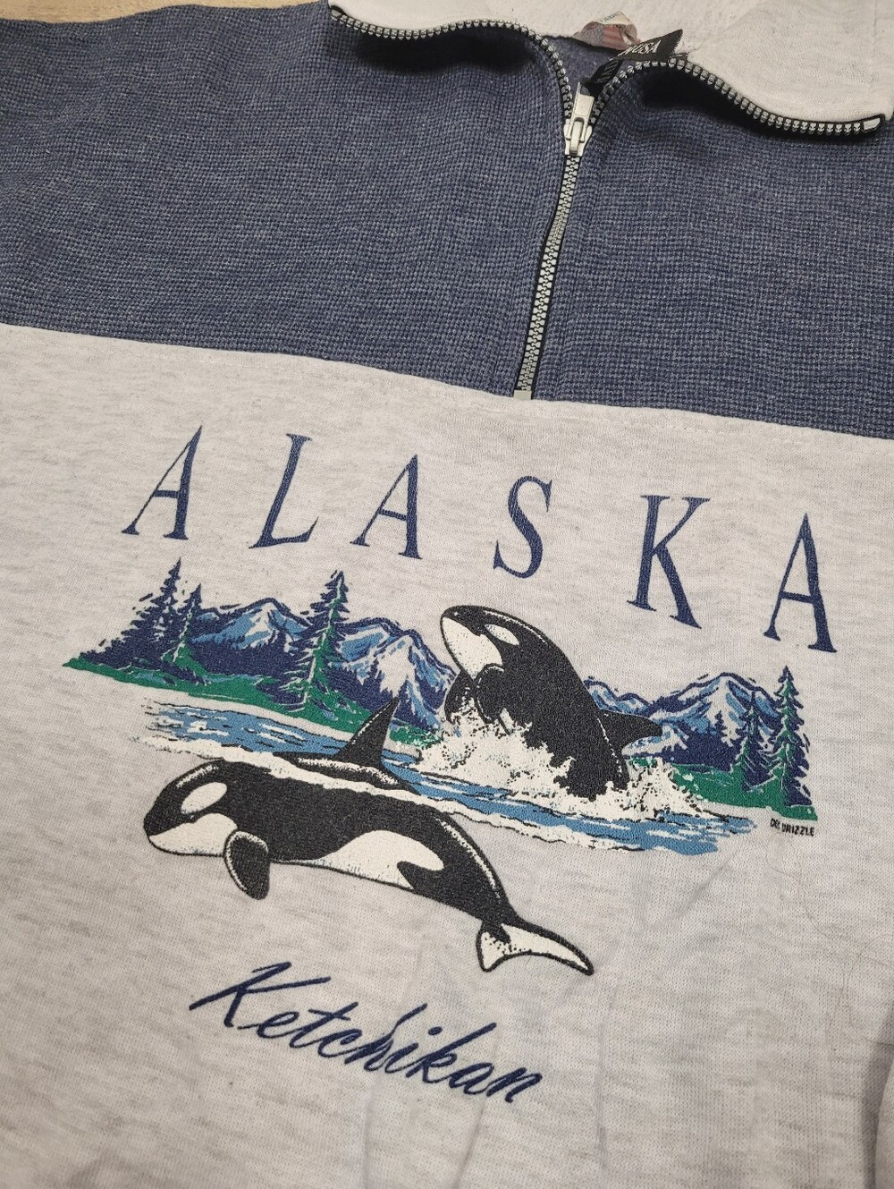 Vintage 90s Alaska Whale Grey Quarter Zip Up Sweatshirt Top Made In USA Size: XL